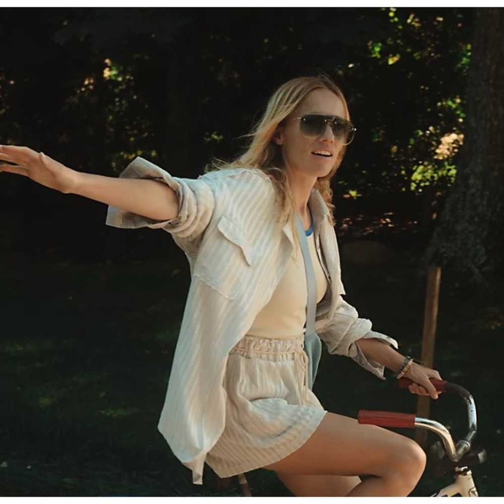 Free People Beach free-est Pacific Striped Shirt Jacket Oversized mustard seed L - Picture 2 of 7
